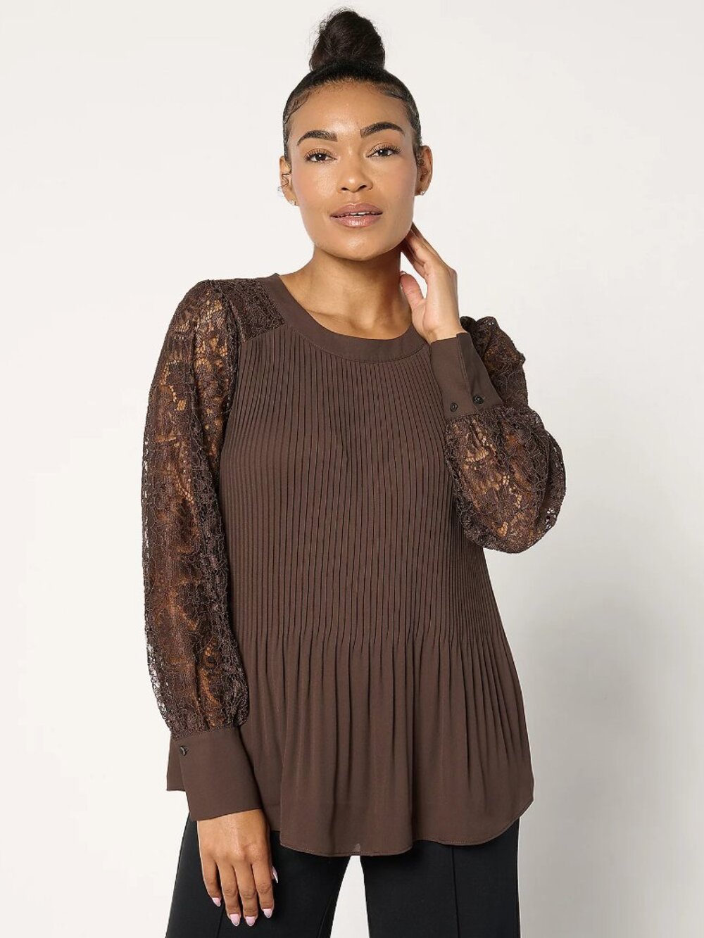 BEAUTIFUL by Lawrence Zarian Lace Detailed Pleated Blouse, Sz XL a671188